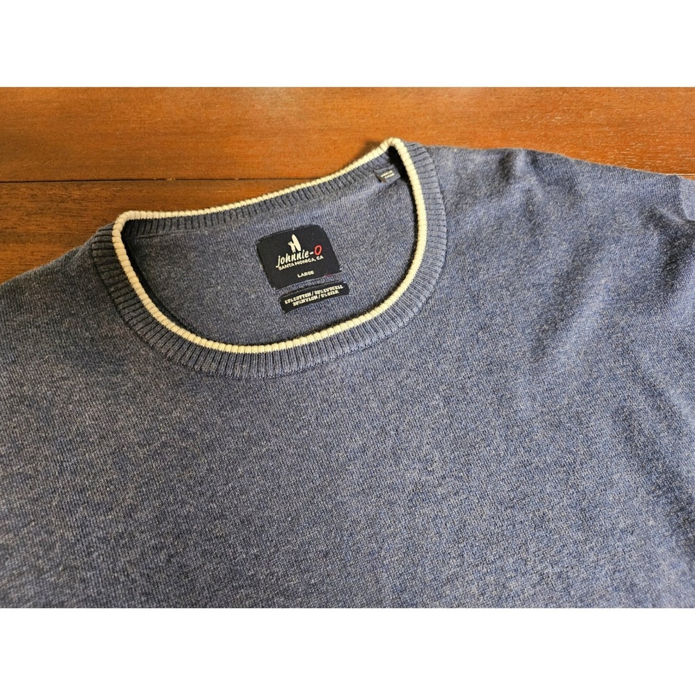 Johnnie-O Crewneck Sweater Mens Large Navy Blue Cotton Silk Blend Tipped Trim